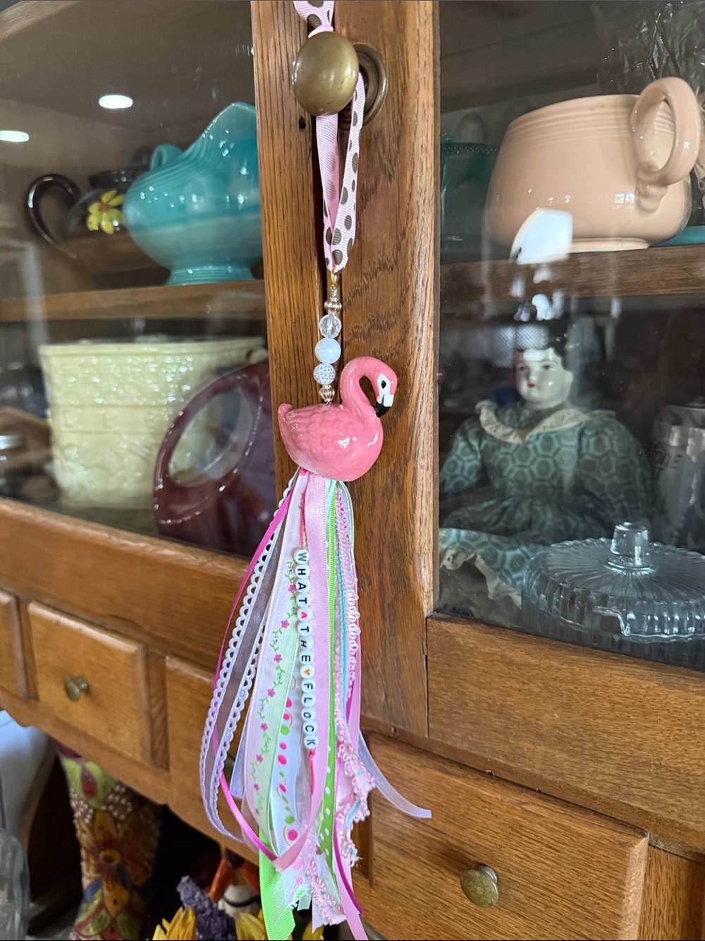 Hand Crafted Pink Flamingo Salt Shaker Ribbon Tassel Accent Hanger